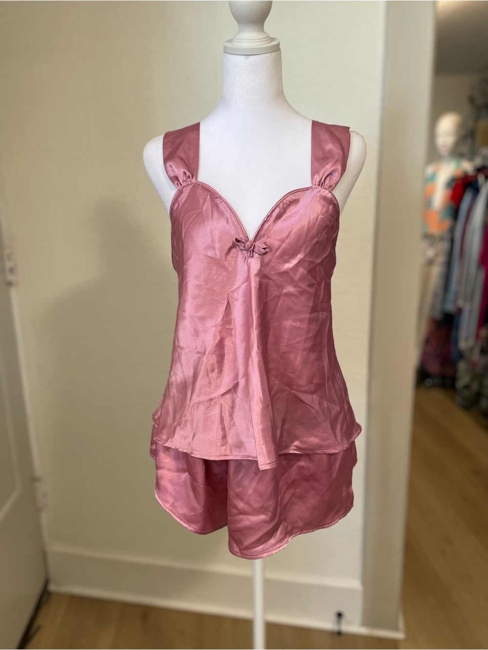 Delicate Rose Pink Satin Camisole & Shorts Sleep Set